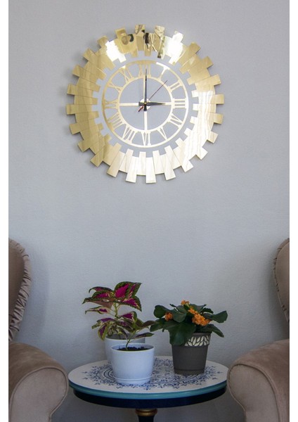 Küçük Dekoratif Duvar Saati Modern Roma Rakamlı Çift Kat Beyaz Mdf Üzeri Gold Aynalı Pleksi 40X40 C fiyatları