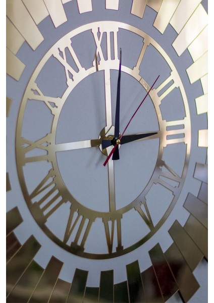 Küçük Dekoratif Duvar Saati Modern Roma Rakamlı Çift Kat Beyaz Mdf Üzeri Gold Aynalı Pleksi 40X40 C indirimleri