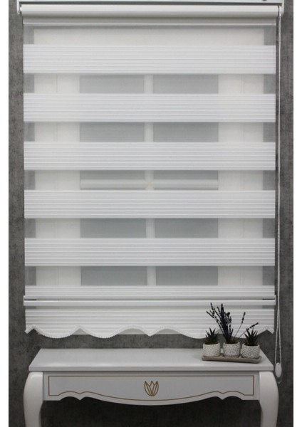 Ekru Beyaz Geniş Pliseli Zebra Stor Güneşlik Perde Eteği Dilimli(Alüminmyumkasa Metal Ayak )