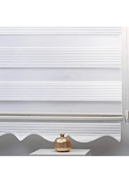 Ekru Beyaz Geniş Pliseli Zebra Stor Güneşlik Perde Eteği Dilimli(Alüminmyumkasa Metal Ayak )