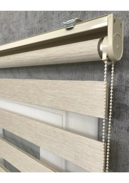 Ekru Beyaz Geniş Pliseli Zebra Stor Güneşlik Perde Eteği Dilimli(Alüminmyumkasa Metal Ayak )