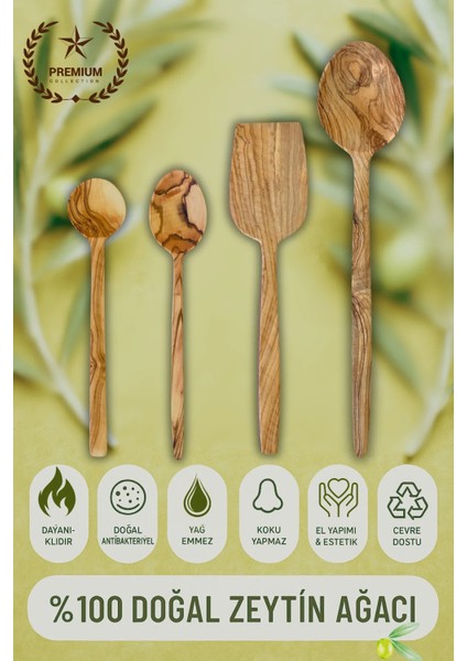 4 Lü Zeytin Ağacı Kaşık ve Spatula Seti - Doğal El Yapımı, Çizmez, Dayanıklı Ahşap Mutfak Seti
