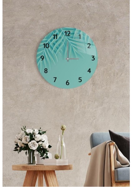 Çap 37 cm Mavi Yaz Yaprakları Dekoratif Cam Duvar Saati