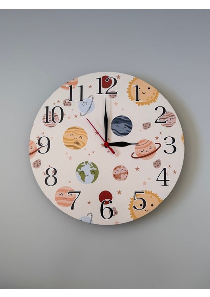 Dekoratif Ahşap Baskılı Uzay Gezegen Temalı Duvar Saati
