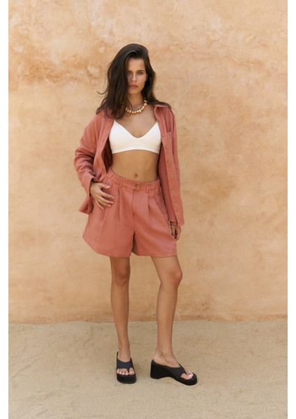 Gaelil Oversize Tarçın Keten Gömlek Şort Takım