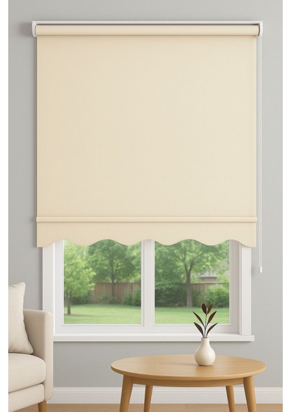 Ithal Kalın Kumaş Krem Güneşlik Stor Perde Etek Dilimli Hediye (Alüminyum Kasa)