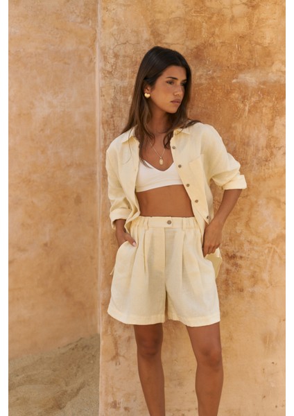Gaelil Oversize Sarı Keten Gömlek Şort Takım