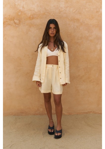 Gaelil Oversize Sarı Keten Gömlek Şort Takım fiyatları
