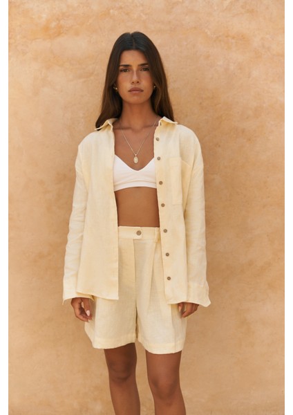 Gaelil Oversize Sarı Keten Gömlek Şort Takım modelleri