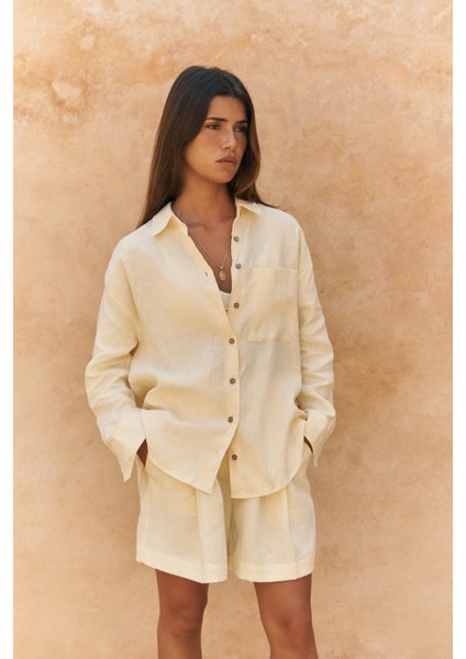 Gaelil Oversize Sarı Keten Gömlek Şort Takım fırsatları