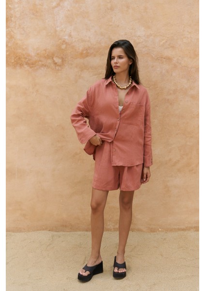 Gaelil Oversize Tarçın Keten Gömlek Şort Takım fiyatları