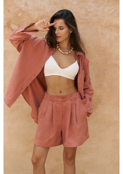 Gaelil Oversize Tarçın Keten Gömlek Şort Takım modelleri