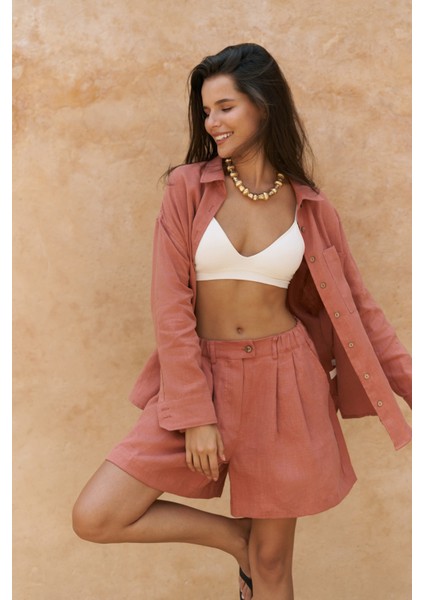 Gaelil Oversize Tarçın Keten Gömlek Şort Takım indirimleri