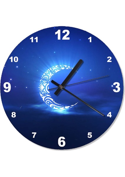 30 cm Çap Lacivert Zeminde Desenli Ay Çocuk Odası Duvar Saati