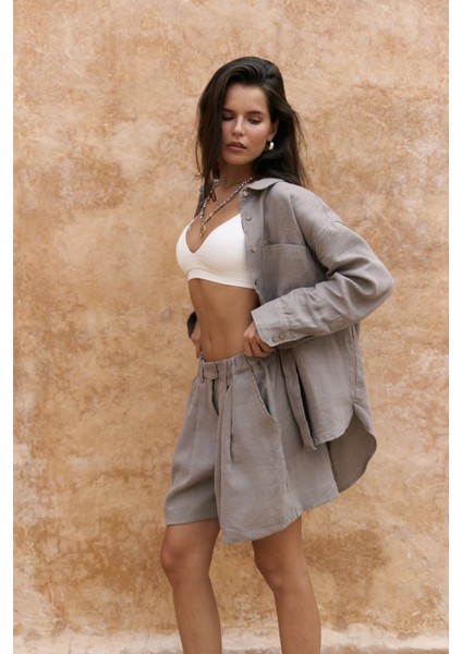 Gaelil Oversize Füme Keten Gömlek Şort Takım