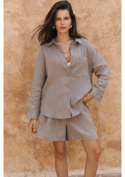 Gaelil Oversize Füme Keten Gömlek Şort Takım fiyatları