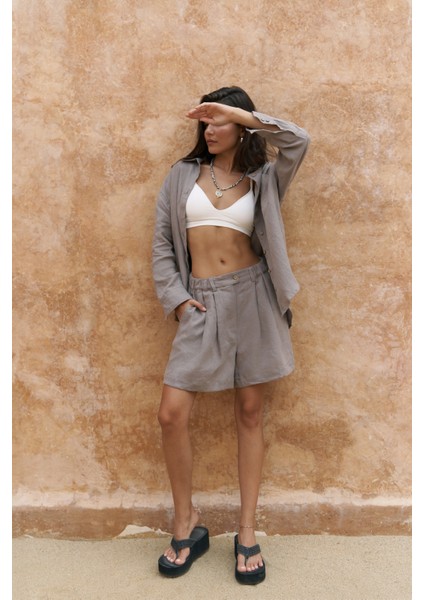 Gaelil Oversize Füme Keten Gömlek Şort Takım modelleri
