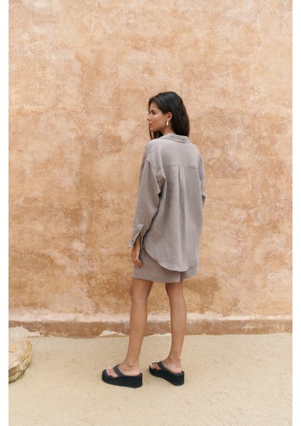 Gaelil Oversize Füme Keten Gömlek Şort Takım indirimleri