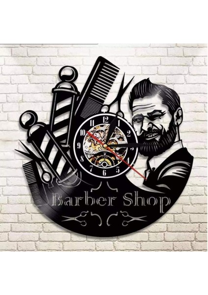 Berber Dükkanı Logo Ahşap Kayıt Duvar Saati