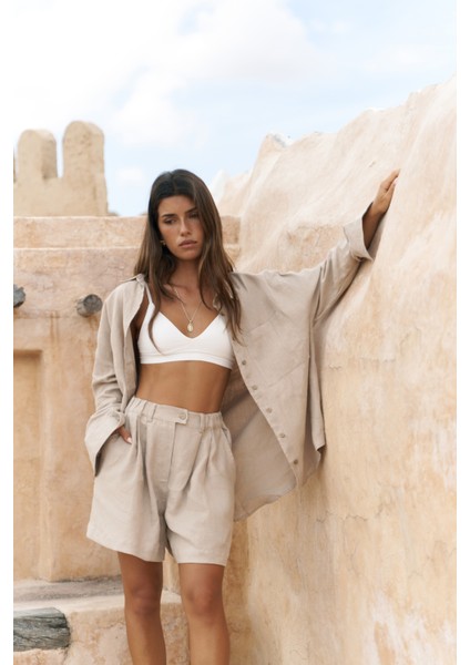 Gaelil Oversize Bej Keten Gömlek Şort Takım