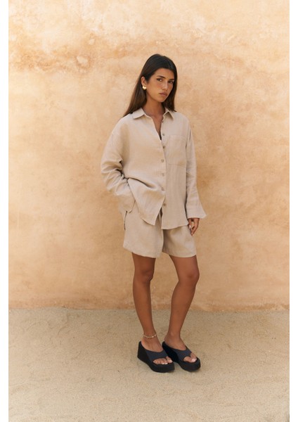 Gaelil Oversize Bej Keten Gömlek Şort Takım fiyatları