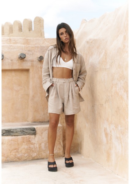 Gaelil Oversize Bej Keten Gömlek Şort Takım modelleri
