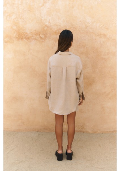 Gaelil Oversize Bej Keten Gömlek Şort Takım fırsatları