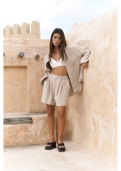 Gaelil Oversize Bej Keten Gömlek Şort Takım indirimleri