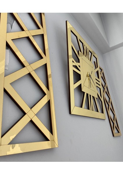 Lüks Gold 3 Lü Duvar Saati Seti Kare 40 cm Şık Roma Rakamlı Saat 18 x 48 cm Çapraz Tablolar