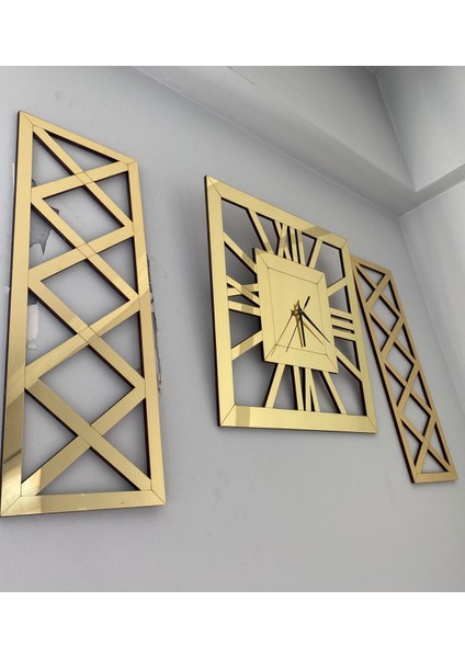 Lüks Gold 3 Lü Duvar Saati Seti Kare 40 cm Şık Roma Rakamlı Saat 18 x 48 cm Çapraz Tablolar fiyatları