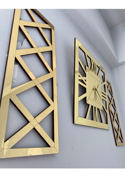 Lüks Gold 3 Lü Duvar Saati Seti Kare 40 cm Şık Roma Rakamlı Saat 18 x 48 cm Çapraz Tablolar modelleri