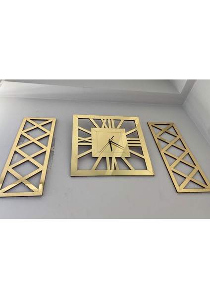 Lüks Gold 3 Lü Duvar Saati Seti Kare 40 cm Şık Roma Rakamlı Saat 18 x 48 cm Çapraz Tablolar fırsatları