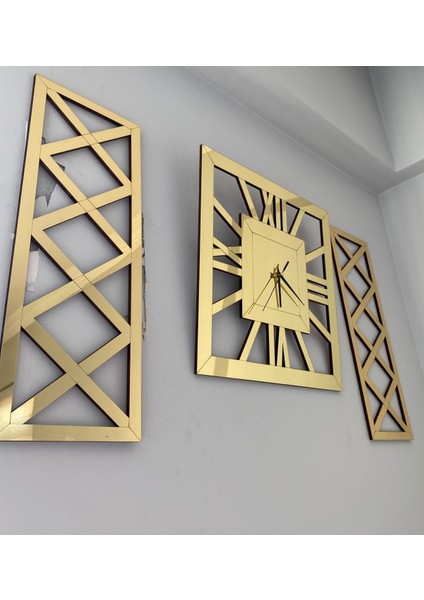 Lüks Gold 3 Lü Duvar Saati Seti Kare 40 cm Şık Roma Rakamlı Saat 18 x 48 cm Çapraz Tablolar indirimleri
