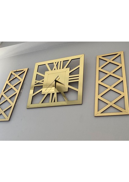 Lüks Gold 3 Lü Duvar Saati Seti Kare 40 cm Şık Roma Rakamlı Saat 18 x 48 cm Çapraz Tablolar