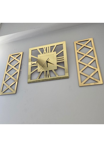 Lüks Gold 3 Lü Duvar Saati Seti Kare 40 cm Şık Roma Rakamlı Saat 18 x 48 cm Çapraz Tablolar