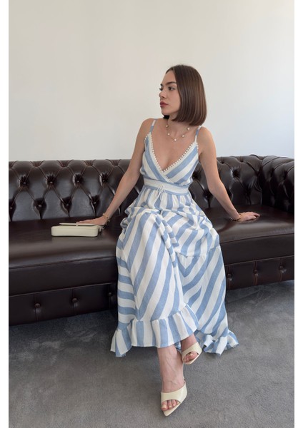 Askılı Desenli Süzene Detay Ithal Elbise- Mavi