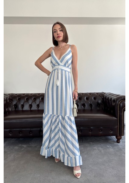 Askılı Desenli Süzene Detay Ithal Elbise- Mavi fiyatları