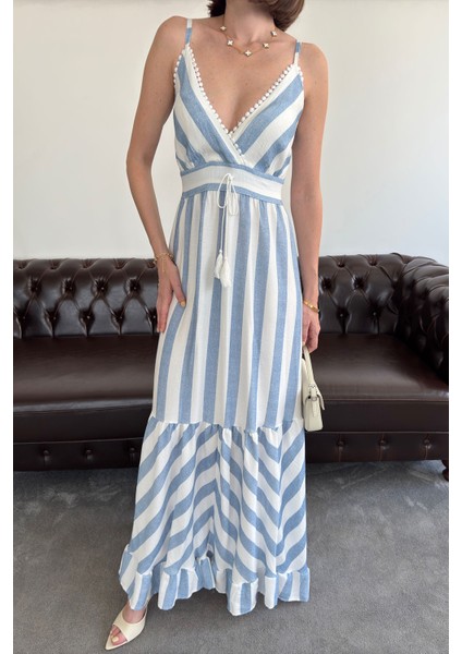 Askılı Desenli Süzene Detay Ithal Elbise- Mavi modelleri