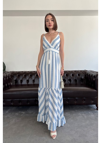 Askılı Desenli Süzene Detay Ithal Elbise- Mavi indirimleri