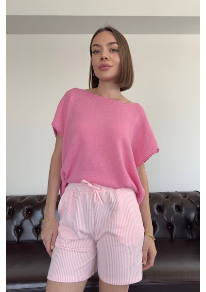Geniş Yaka Kolsuz Triko- Pembe