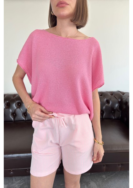 Geniş Yaka Kolsuz Triko- Pembe