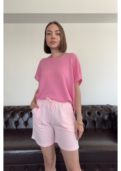 Geniş Yaka Kolsuz Triko- Pembe