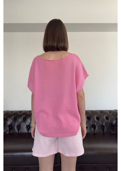 Geniş Yaka Kolsuz Triko- Pembe