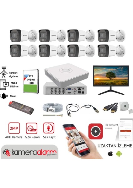 8 Kameralı 7/24 Renkli, Ses Kayıtlı, Monitörlü Güvenlik Kamerası Seti
