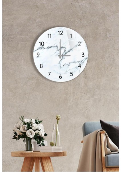 Çap 37 cm Siyah Beyaz Mermer Dekoratif Cam Saat