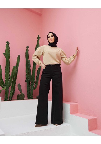 1152- Denim Bol Paça Pantolon Siyah fiyatları