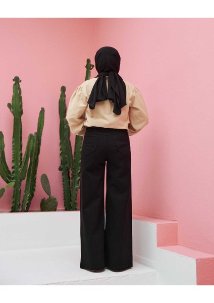 1152- Denim Bol Paça Pantolon Siyah indirimleri