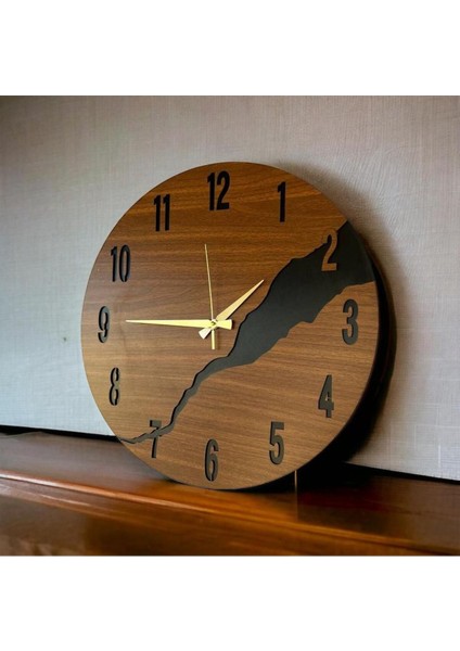 Ahşap Siyah Ceviz Mobilya Renk Desenli Hediyelik Sessiz Duvar Saati 50CM