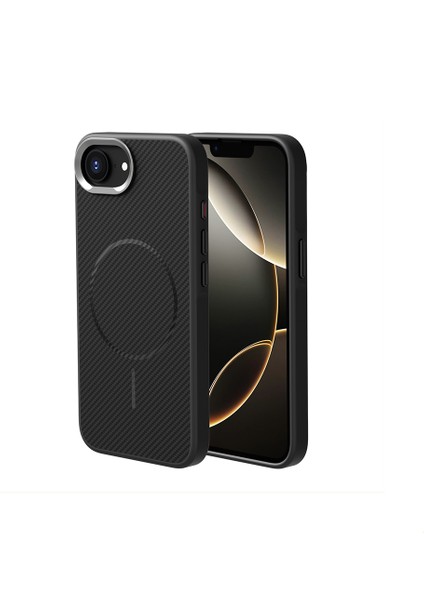iPhone Uyumlu 16E Kılıf M-Safe Şarj Özellikli Karbon Fiber Görünümlü Zore Troy Kapak