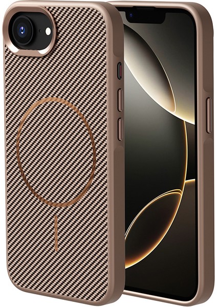 iPhone Uyumlu 16E Kılıf M-Safe Şarj Özellikli Karbon Fiber Görünümlü Zore Troy Kapak-Gold